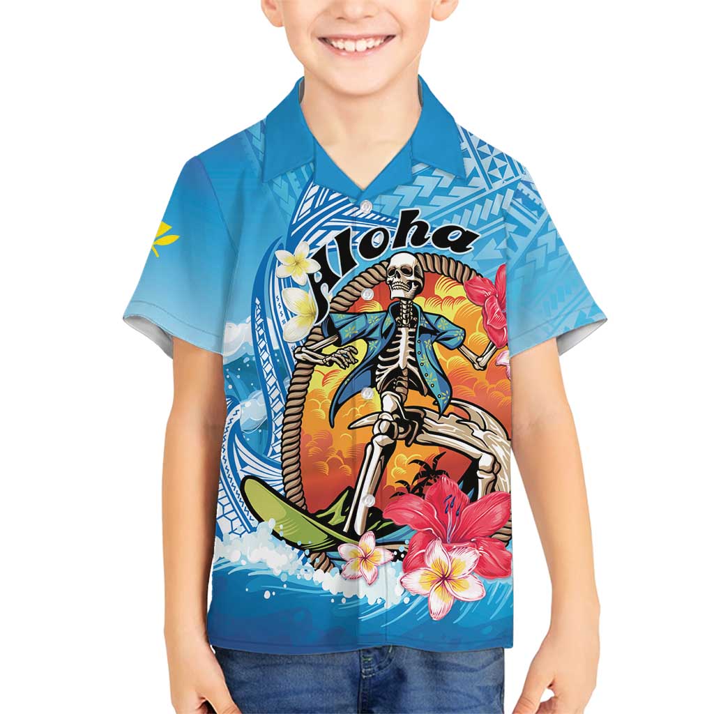 Personalized Aloha Hawaii Skeleton Surfing Family Matching Summer Maxi Dress and Hawaiian Shirt Tribal Shark Plumeria