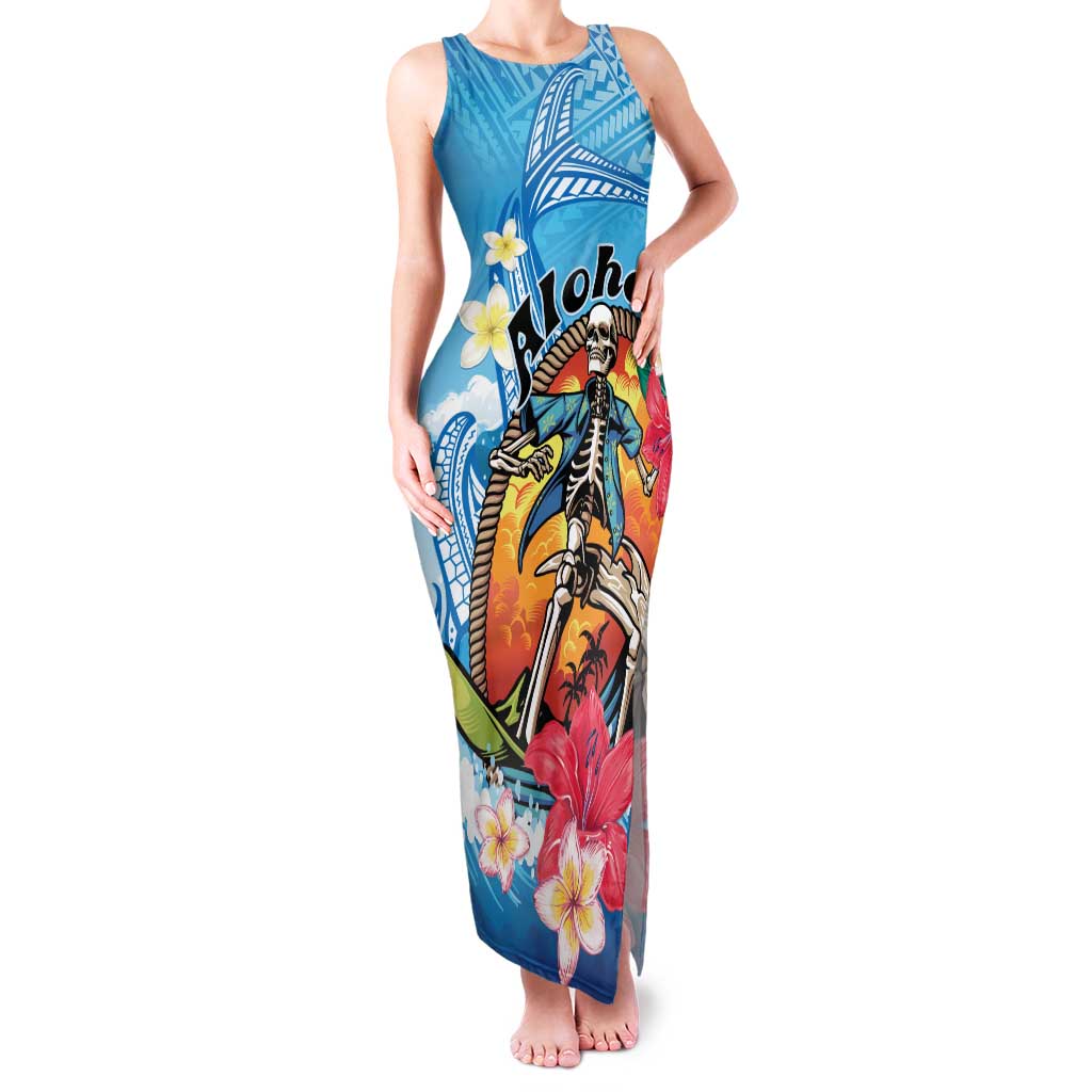 Personalized Aloha Hawaii Skeleton Surfing Family Matching Tank Maxi Dress and Hawaiian Shirt Tribal Shark Plumeria