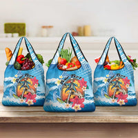 Aloha Hawaii Skeleton Surfing Grocery Bag Tribal Shark Plumeria LT01 3-pack One Size Blue - Polynesian Pride