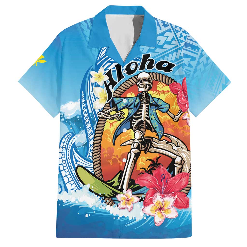 Personalized Aloha Hawaii Skeleton Surfing Hawaiian Shirt Tribal Shark Plumeria LT01 Blue - Polynesian Pride