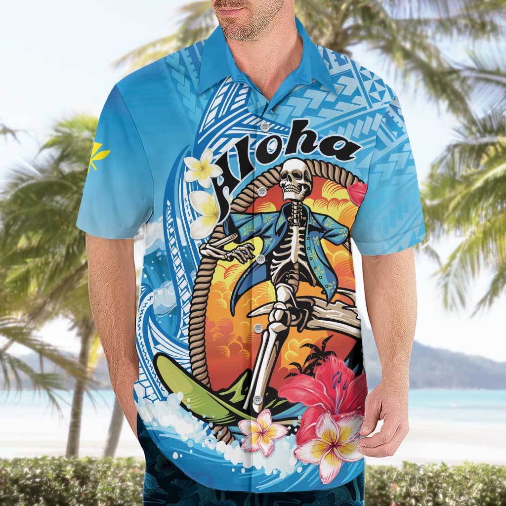 Personalized Aloha Hawaii Skeleton Surfing Hawaiian Shirt Tribal Shark Plumeria LT01 - Polynesian Pride
