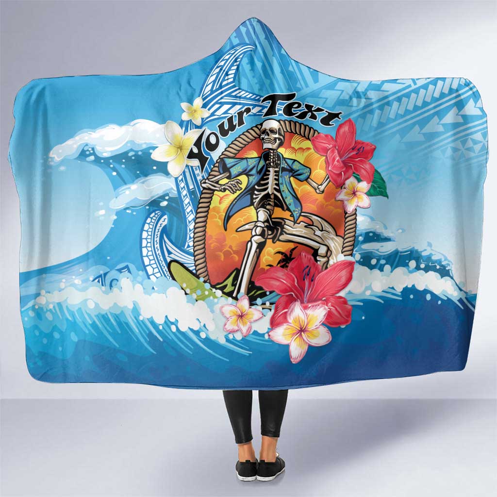 Personalized Aloha Hawaii Skeleton Surfing Hooded Blanket Tribal Shark Plumeria LT01 One Size Blue - Polynesian Pride