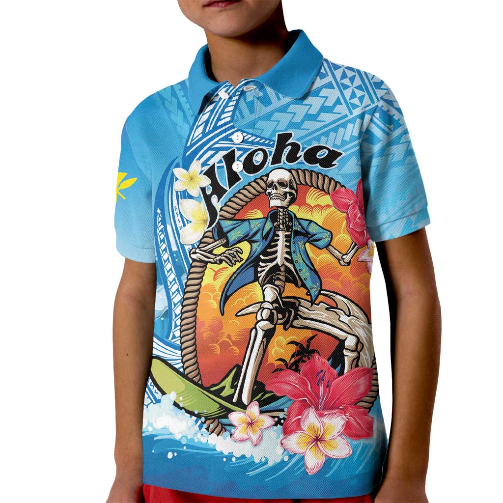 Personalized Aloha Hawaii Skeleton Surfing Kid Polo Shirt Tribal Shark Plumeria
