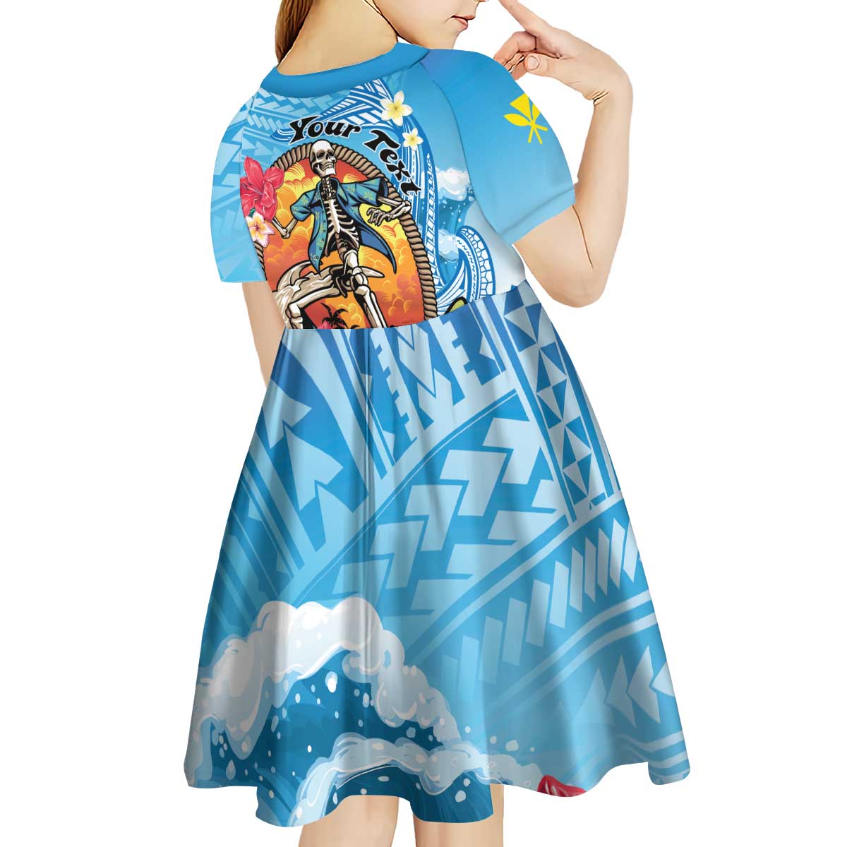 Personalized Aloha Hawaii Skeleton Surfing Kid Short Sleeve Dress Tribal Shark Plumeria