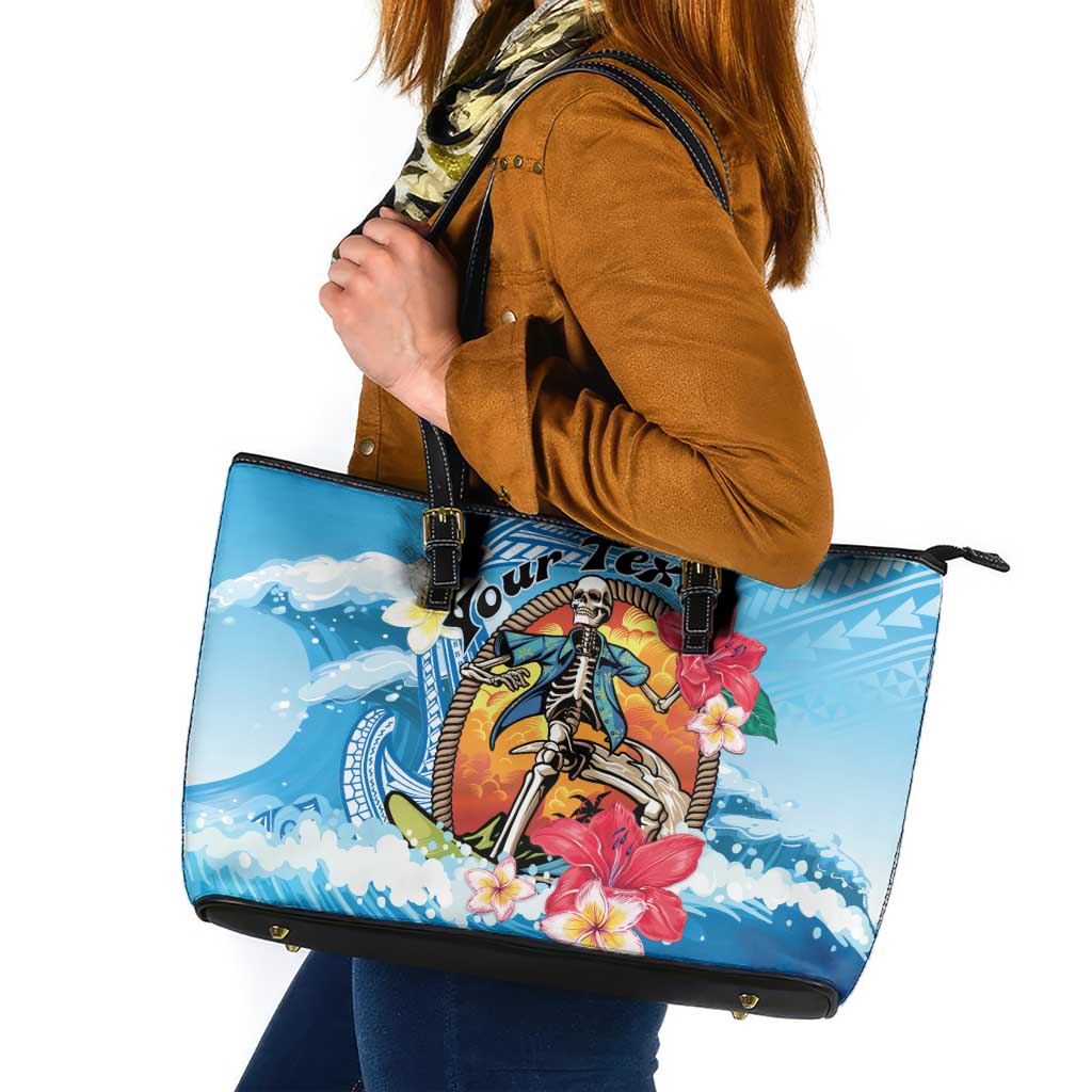 Personalized Aloha Hawaii Skeleton Surfing Leather Tote Bag Tribal Shark Plumeria LT01 Blue - Polynesian Pride