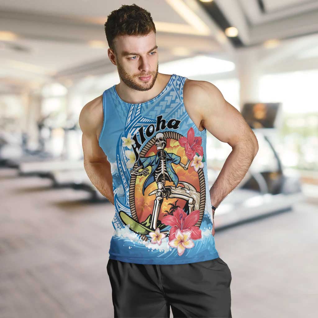 Personalized Aloha Hawaii Skeleton Surfing Men Tank Top Tribal Shark Plumeria LT01 Blue - Polynesian Pride
