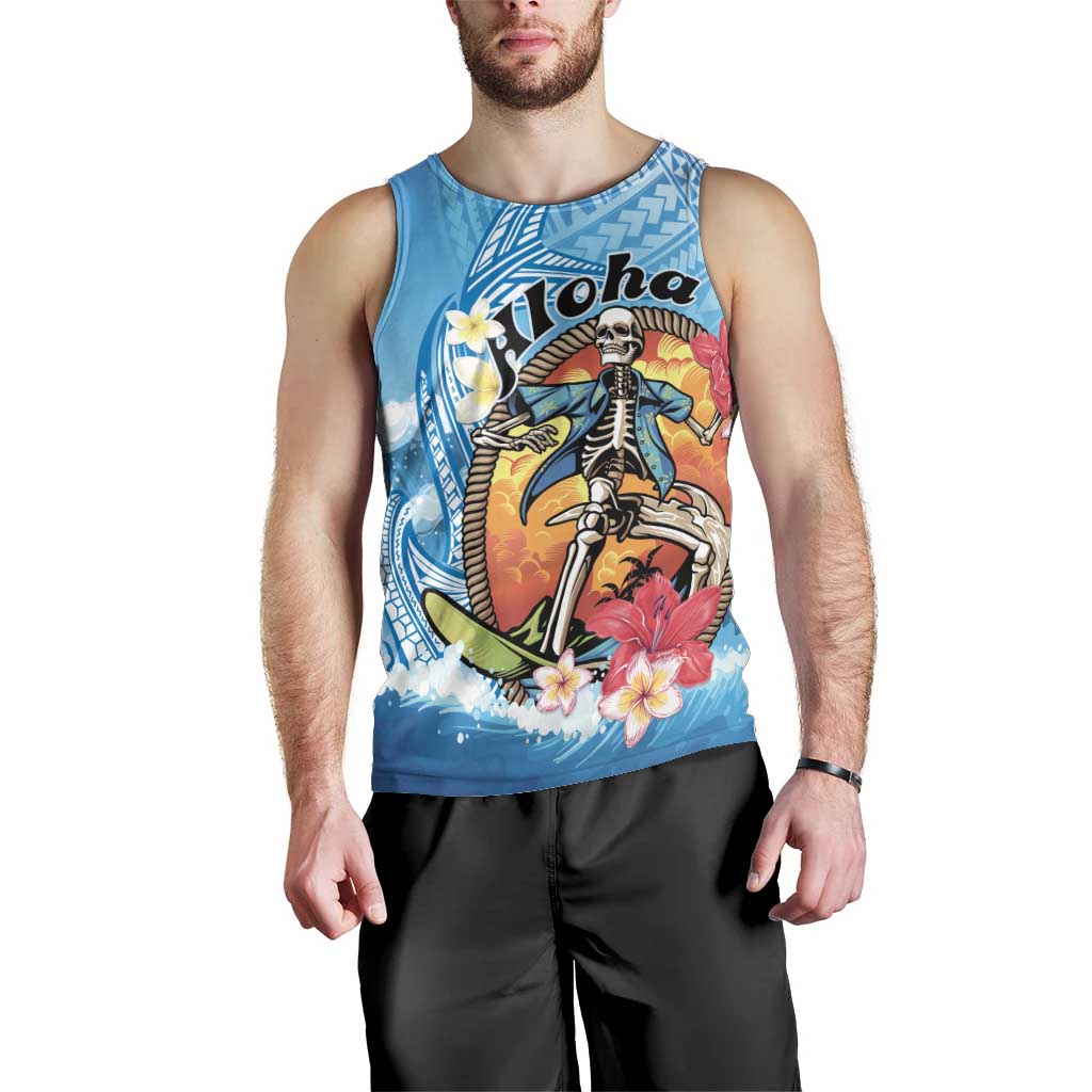 Personalized Aloha Hawaii Skeleton Surfing Men Tank Top Tribal Shark Plumeria LT01 - Polynesian Pride