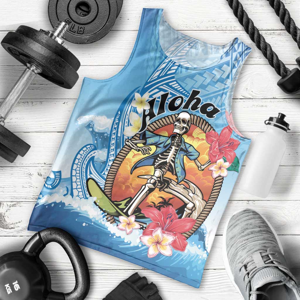 Personalized Aloha Hawaii Skeleton Surfing Men Tank Top Tribal Shark Plumeria LT01 - Polynesian Pride