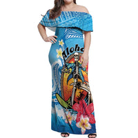 Personalized Aloha Hawaii Skeleton Surfing Off Shoulder Maxi Dress Tribal Shark Plumeria LT01 Women Blue - Polynesian Pride