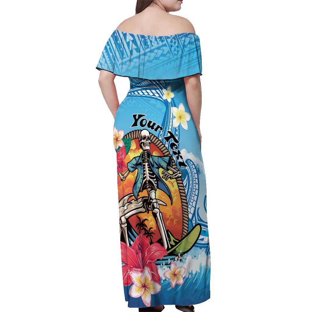 Personalized Aloha Hawaii Skeleton Surfing Off Shoulder Maxi Dress Tribal Shark Plumeria LT01 - Polynesian Pride