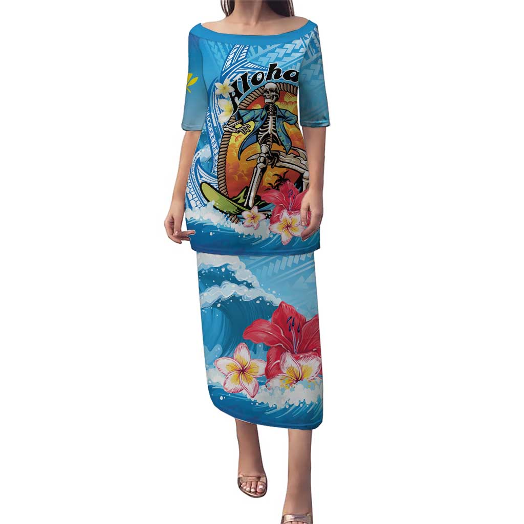 Personalized Aloha Hawaii Skeleton Surfing Puletasi Tribal Shark Plumeria LT01 Long Dress Blue - Polynesian Pride