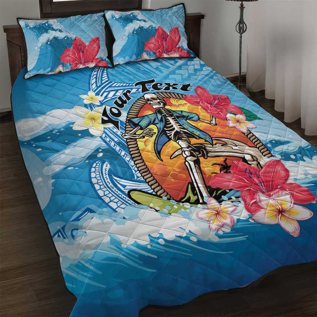 Personalized Aloha Hawaii Skeleton Surfing Quilt Bed Set Tribal Shark Plumeria