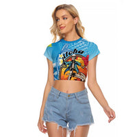 Personalized Aloha Hawaii Skeleton Surfing Raglan Cropped T Shirt Tribal Shark Plumeria LT01 Female Blue - Polynesian Pride
