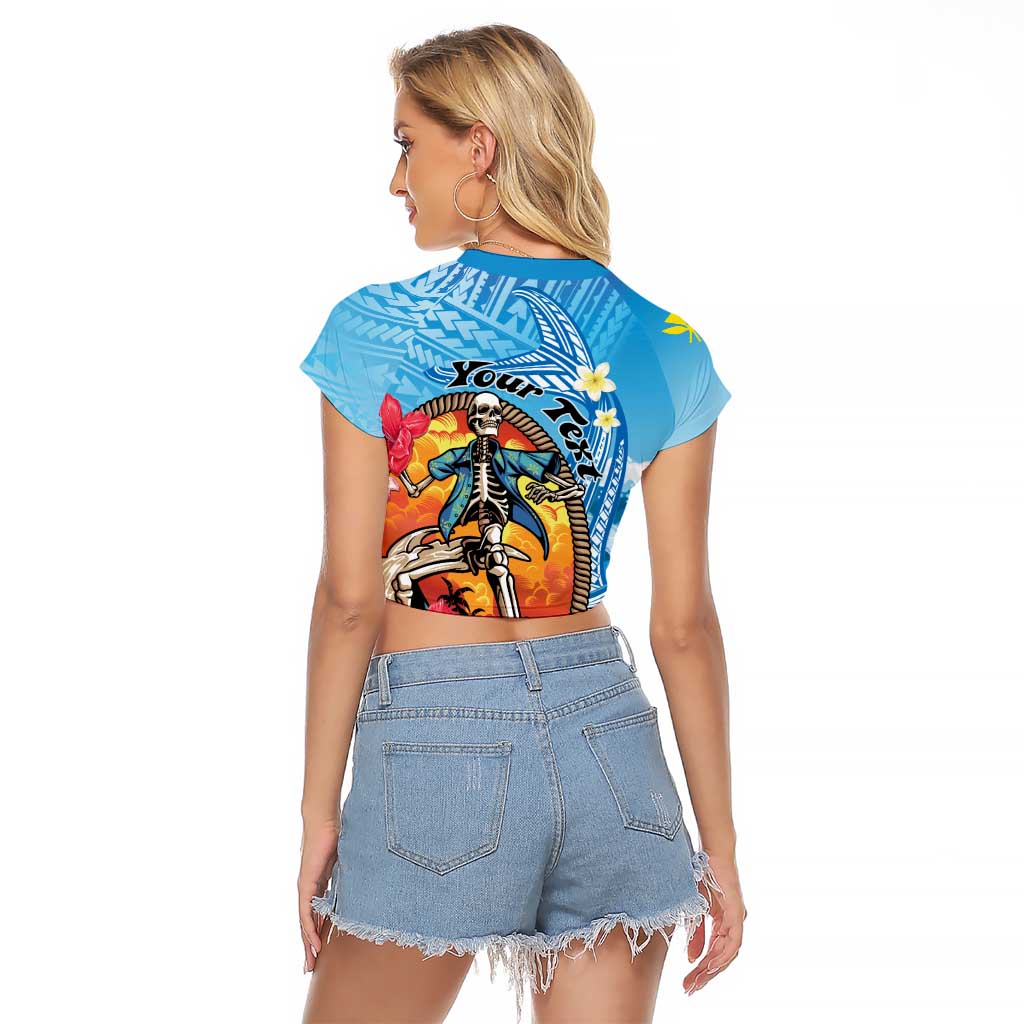 Personalized Aloha Hawaii Skeleton Surfing Raglan Cropped T Shirt Tribal Shark Plumeria LT01 - Polynesian Pride