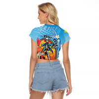 Personalized Aloha Hawaii Skeleton Surfing Raglan Cropped T Shirt Tribal Shark Plumeria LT01 - Polynesian Pride