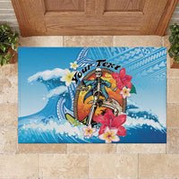 Personalized Aloha Hawaii Skeleton Surfing Rubber Doormat Tribal Shark Plumeria LT01 Blue - Polynesian Pride