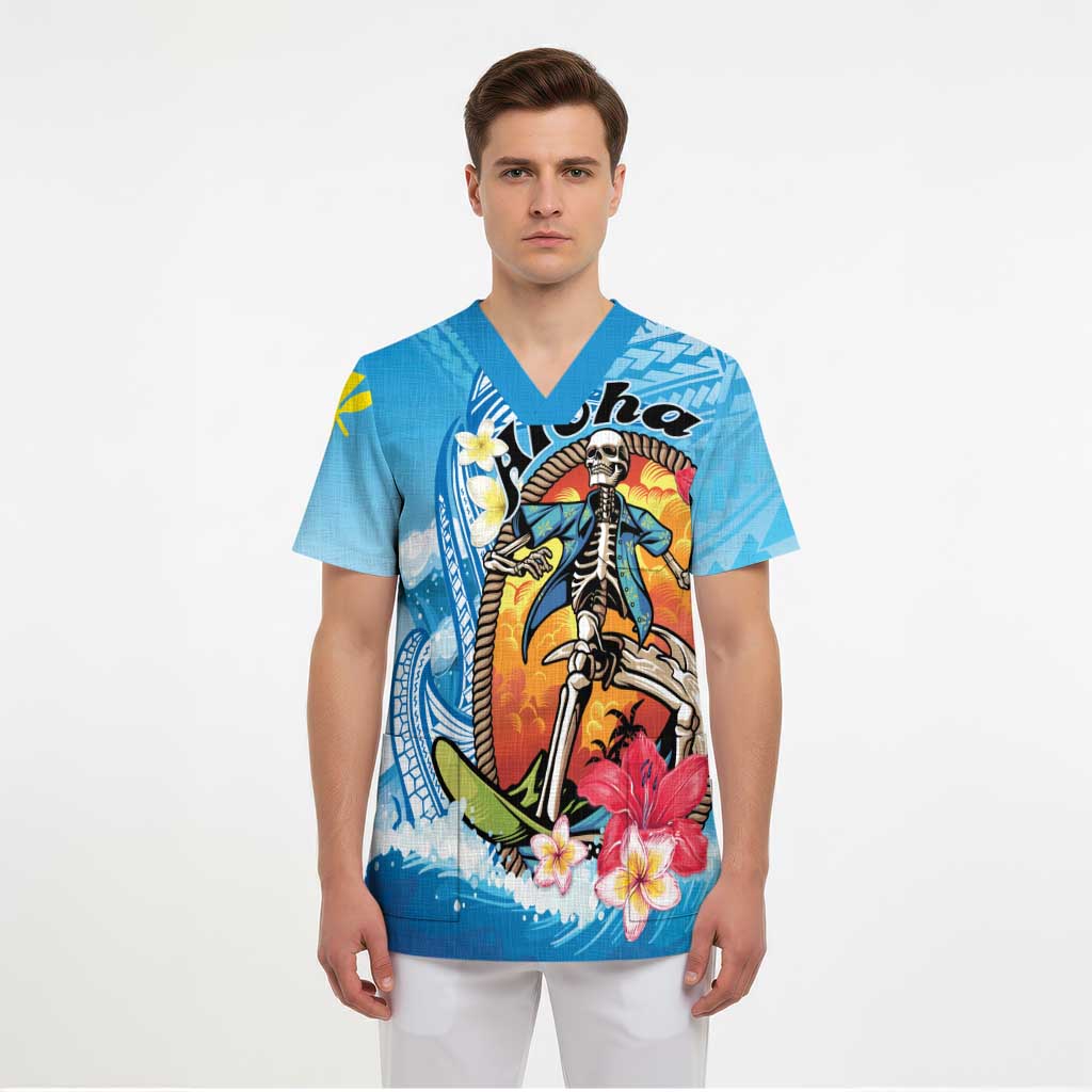 Personalized Aloha Hawaii Skeleton Surfing Scrub Top Tribal Shark Plumeria - Polynesian Pride
