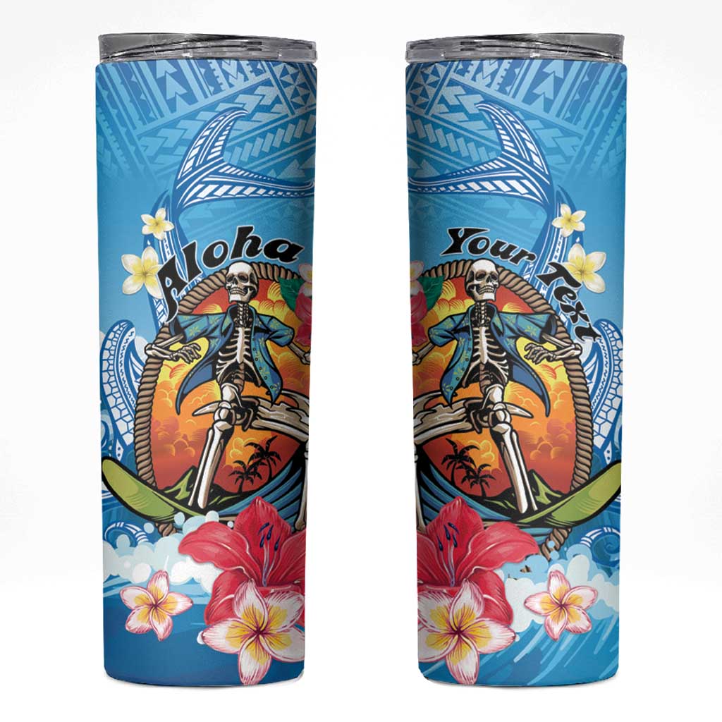 Personalized Aloha Hawaii Skeleton Surfing Skinny Tumbler Tribal Shark Plumeria