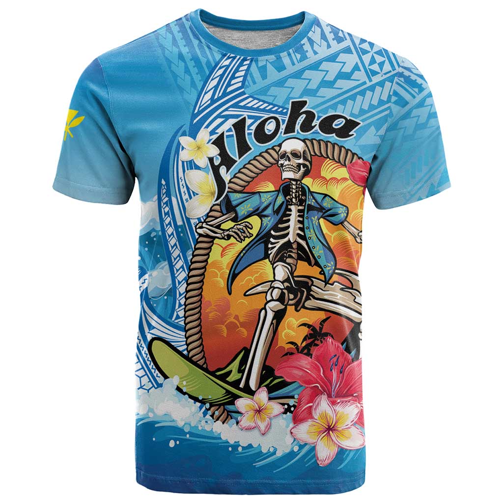 Personalized Aloha Hawaii Skeleton Surfing T Shirt Tribal Shark Plumeria