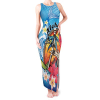 Personalized Aloha Hawaii Skeleton Surfing Tank Maxi Dress Tribal Shark Plumeria LT01 Women Blue - Polynesian Pride