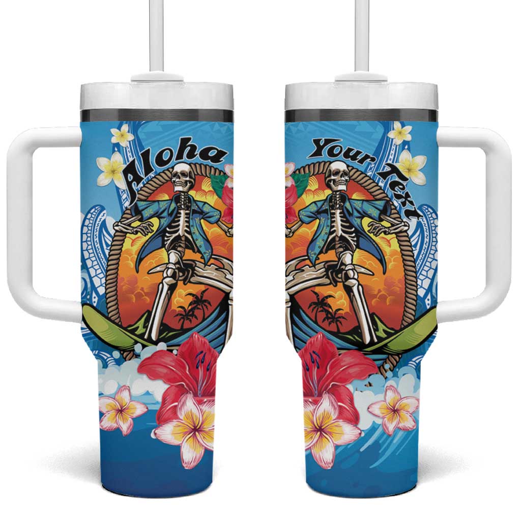 Personalized Aloha Hawaii Skeleton Surfing Tumbler With Handle Tribal Shark Plumeria