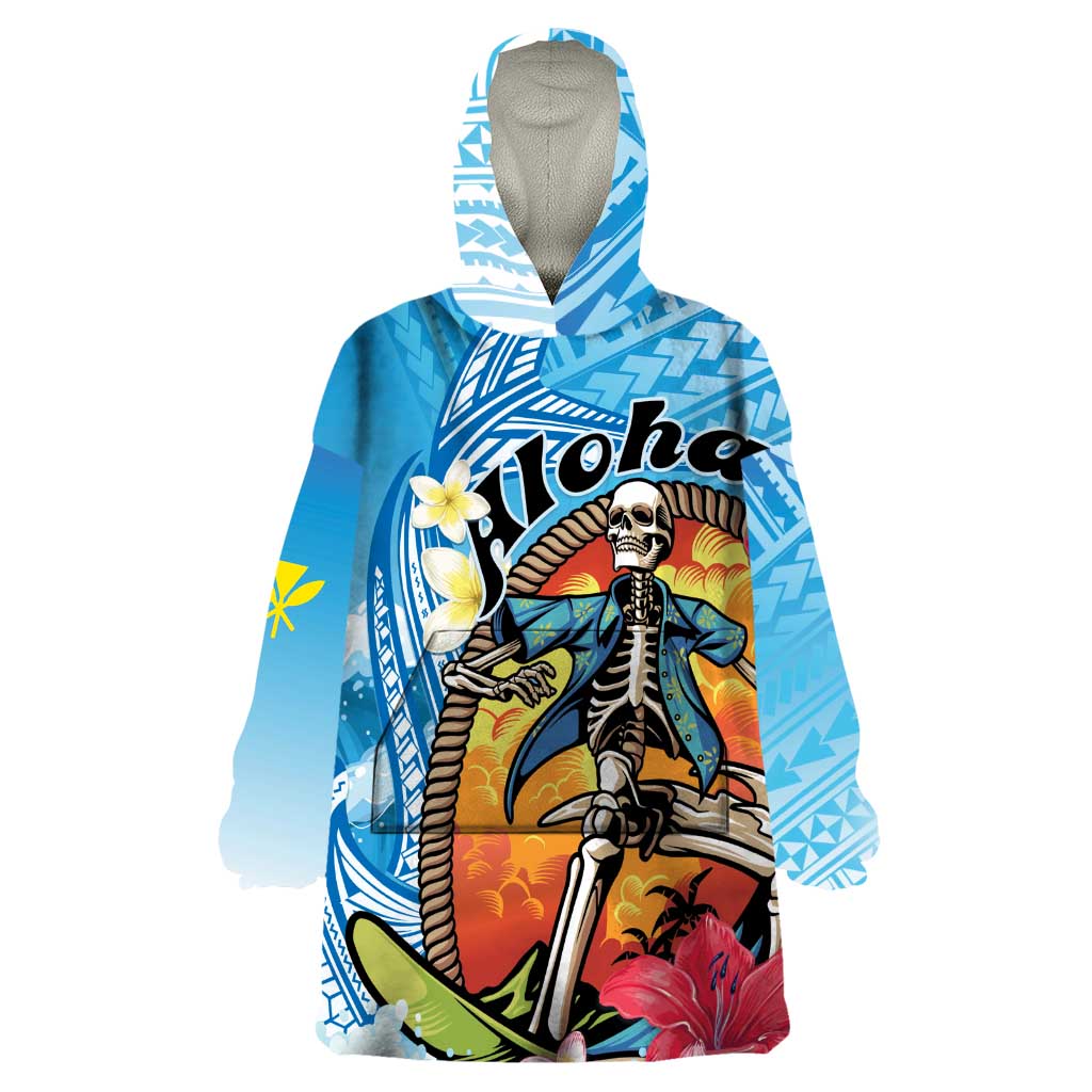 Personalized Aloha Hawaii Skeleton Surfing Wearable Blanket Hoodie Tribal Shark Plumeria LT01 One Size Blue - Polynesian Pride