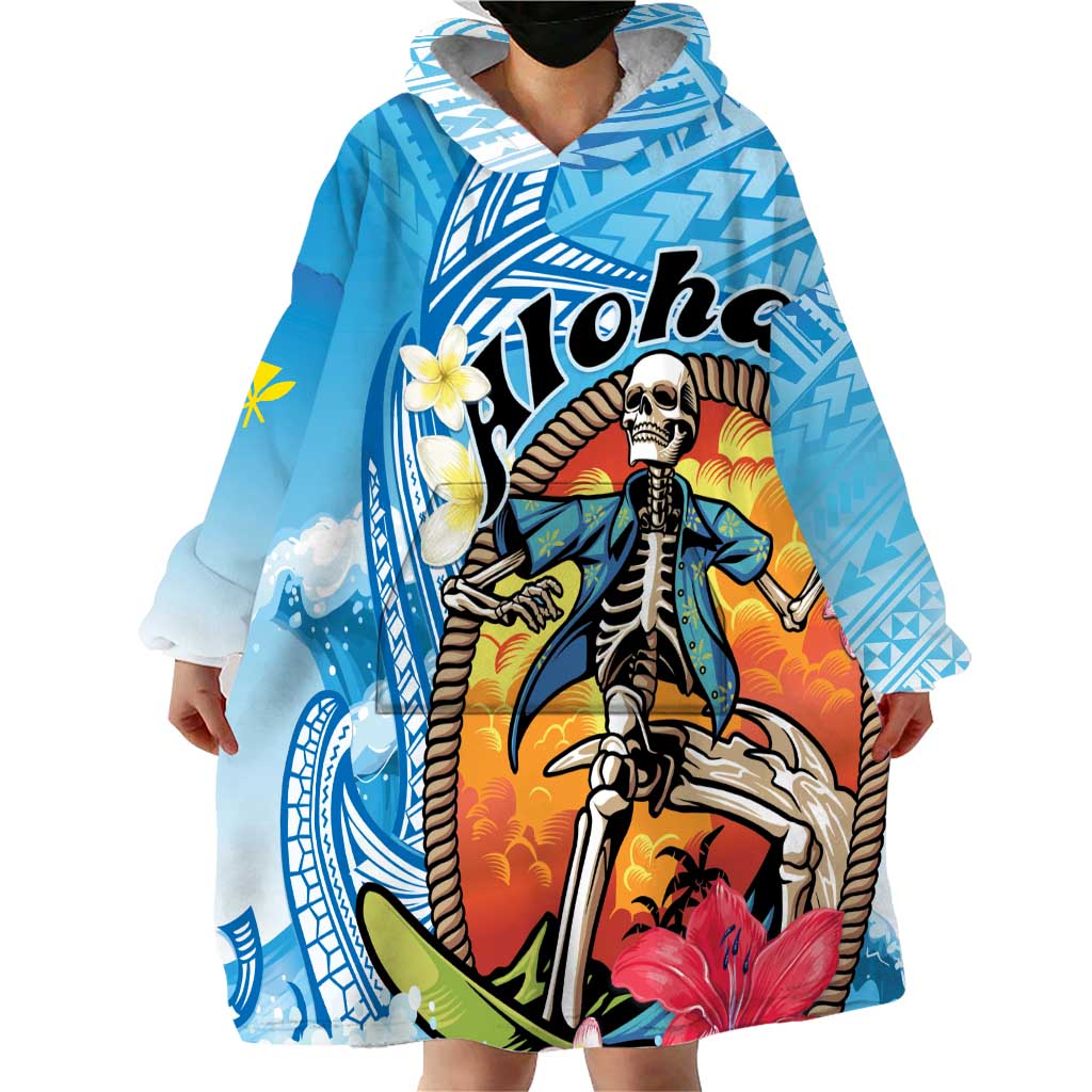 Personalized Aloha Hawaii Skeleton Surfing Wearable Blanket Hoodie Tribal Shark Plumeria LT01 - Polynesian Pride