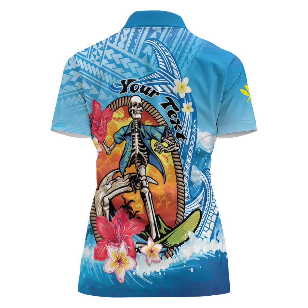 Personalized Aloha Hawaii Skeleton Surfing Women Polo Shirt Tribal Shark Plumeria