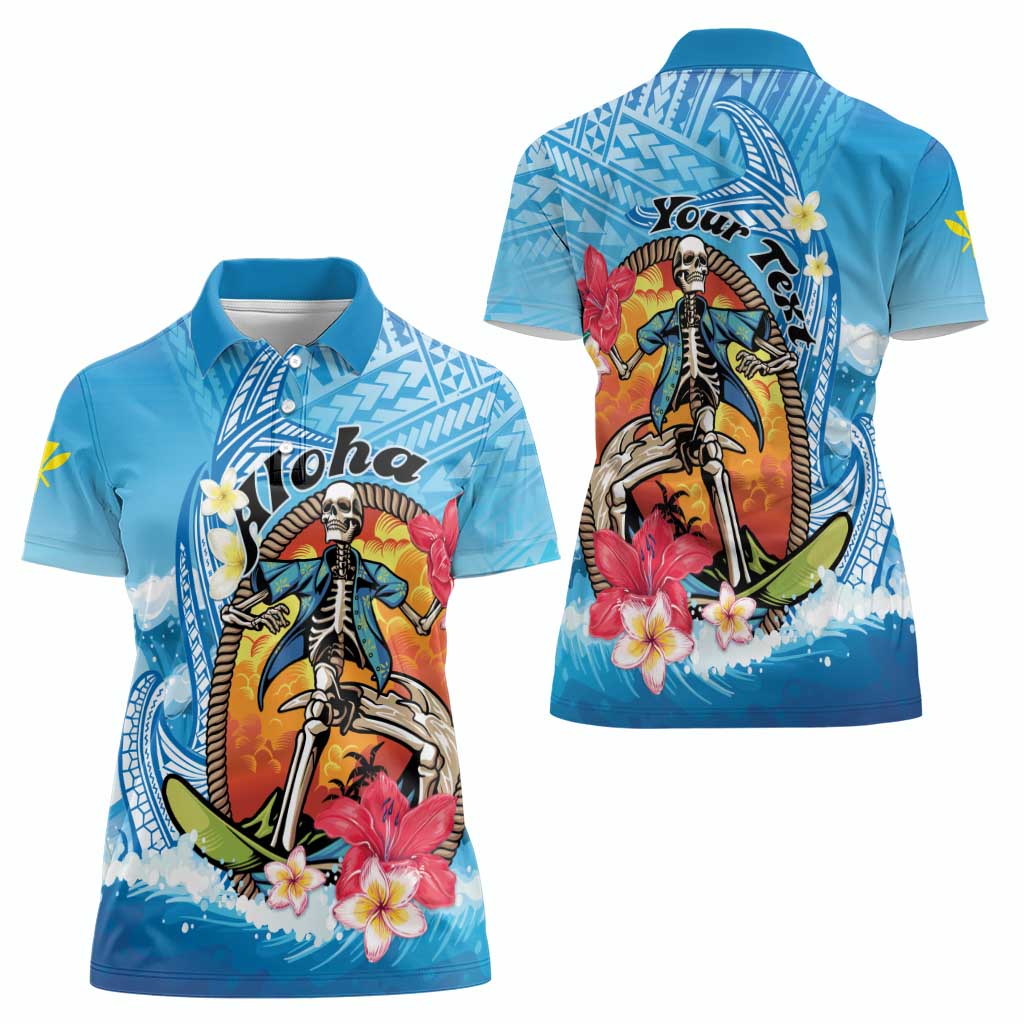 Personalized Aloha Hawaii Skeleton Surfing Women Polo Shirt Tribal Shark Plumeria