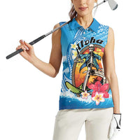 Personalized Aloha Hawaii Skeleton Surfing Women Sleeveless Polo Shirt Tribal Shark Plumeria