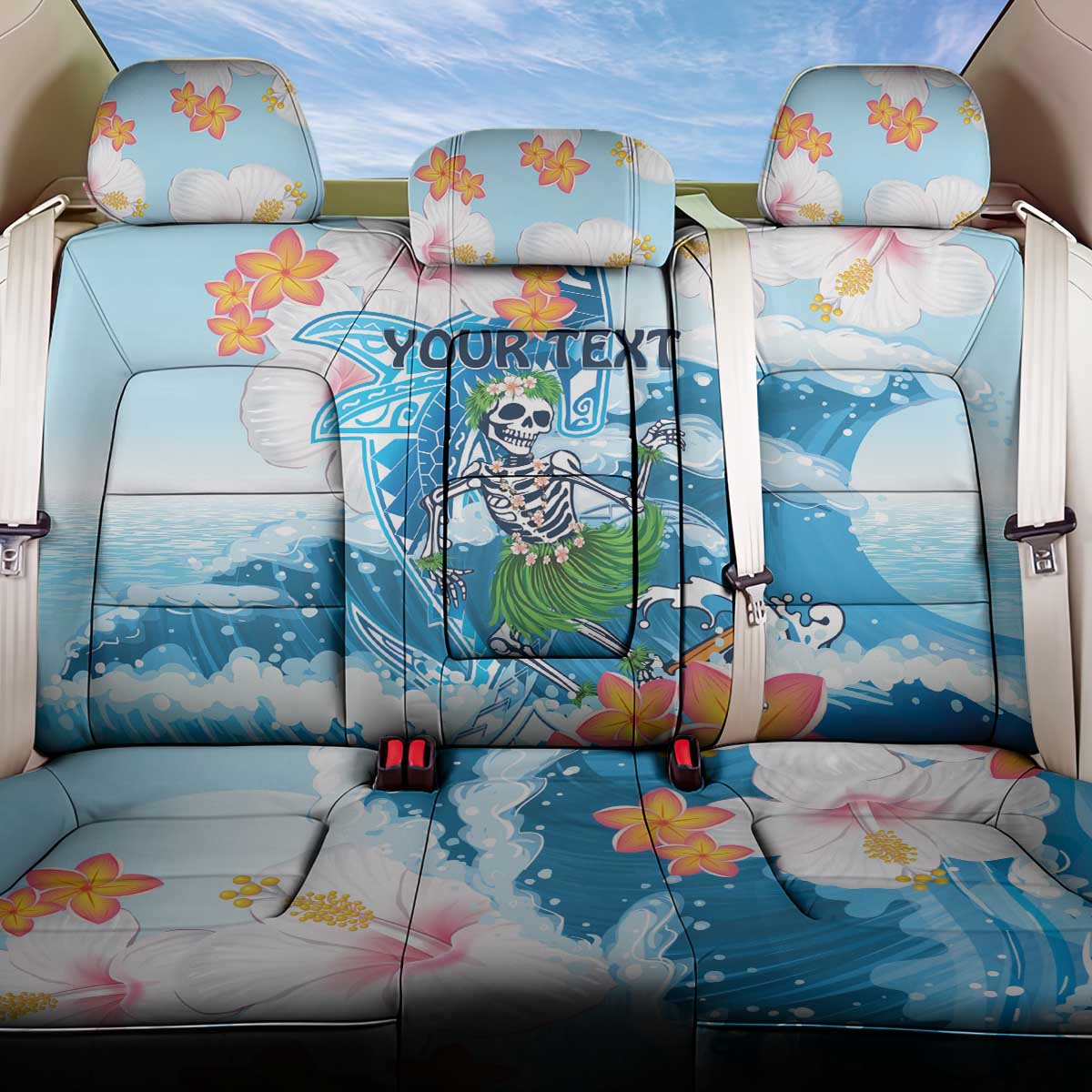 Personalized Hawaii Hula Girl Skeleton Dancing Back Car Seat Cover Hibiscus Tribal Shark