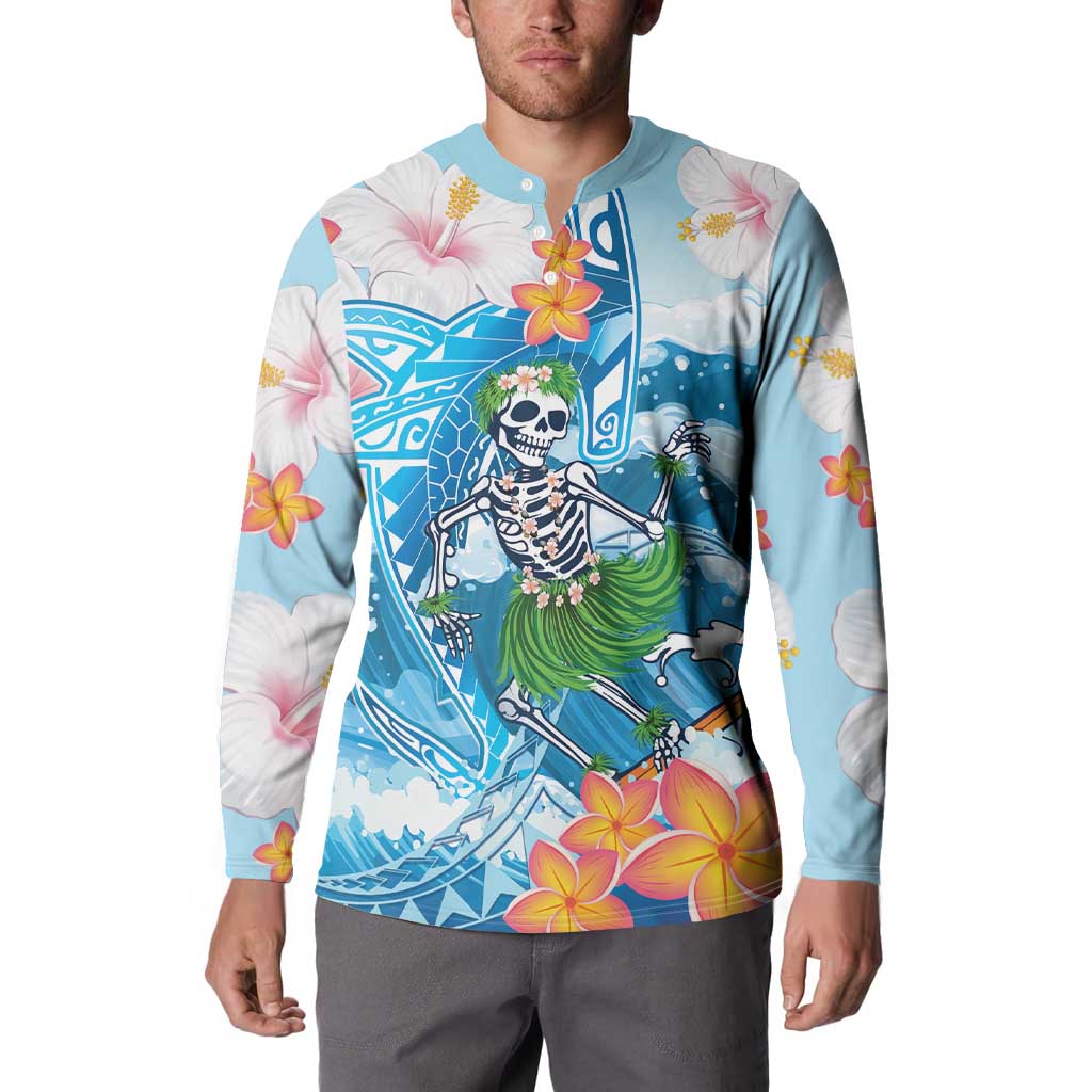Personalized Hawaii Hula Girl Skeleton Dancing Button Sweatshirt Hibiscus Tribal Shark