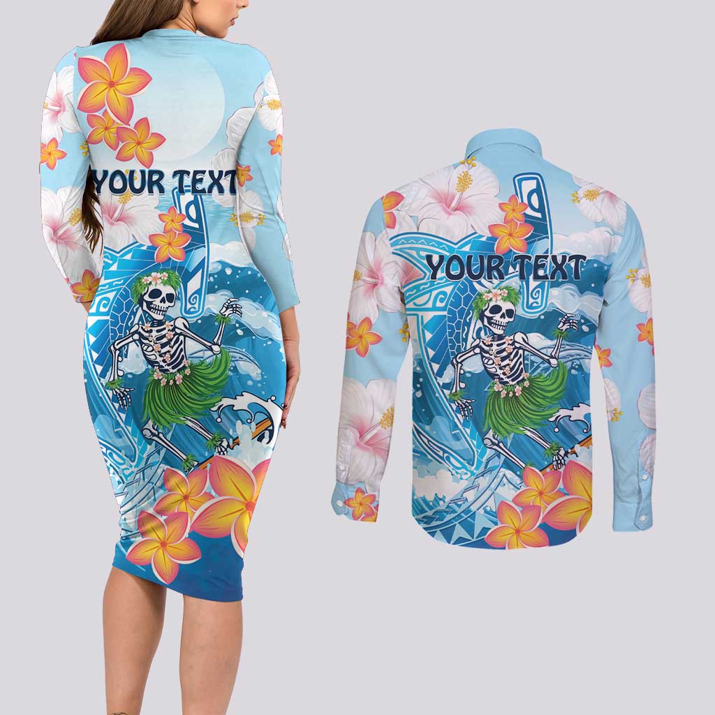 Personalized Hawaii Hula Girl Skeleton Dancing Couples Matching Long Sleeve Bodycon Dress and Long Sleeve Button Shirt Hibiscus Tribal Shark
