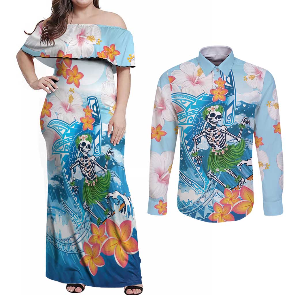 Personalized Hawaii Hula Girl Skeleton Dancing Couples Matching Off Shoulder Maxi Dress and Long Sleeve Button Shirt Hibiscus Tribal Shark