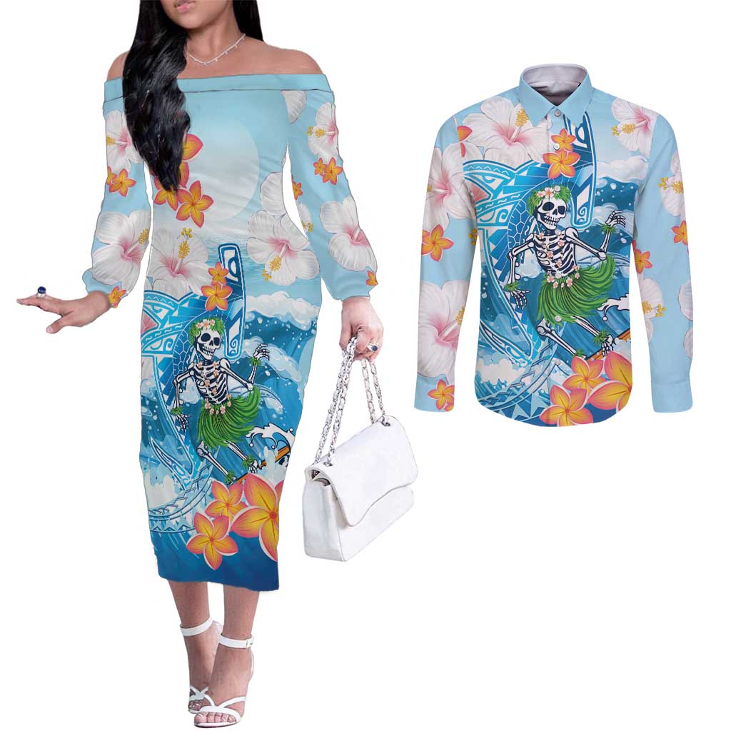 Personalized Hawaii Hula Girl Skeleton Dancing Couples Matching Off The Shoulder Long Sleeve Dress and Long Sleeve Button Shirt Hibiscus Tribal Shark