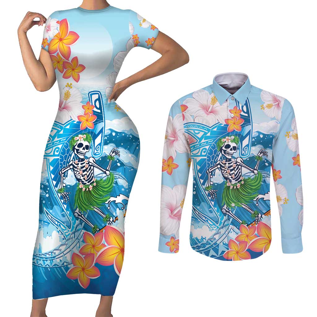 Personalized Hawaii Hula Girl Skeleton Dancing Couples Matching Short Sleeve Bodycon Dress and Long Sleeve Button Shirt Hibiscus Tribal Shark