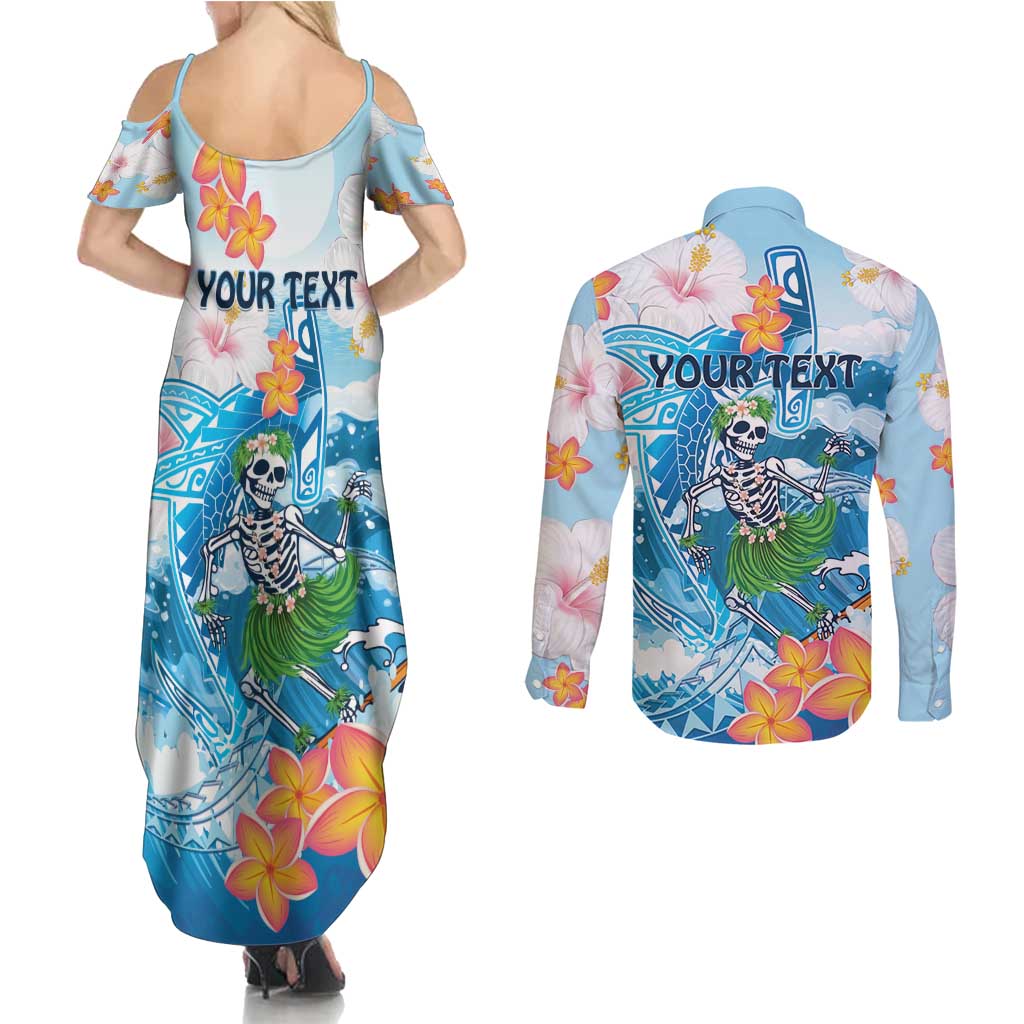 Personalized Hawaii Hula Girl Skeleton Dancing Couples Matching Summer Maxi Dress and Long Sleeve Button Shirt Hibiscus Tribal Shark