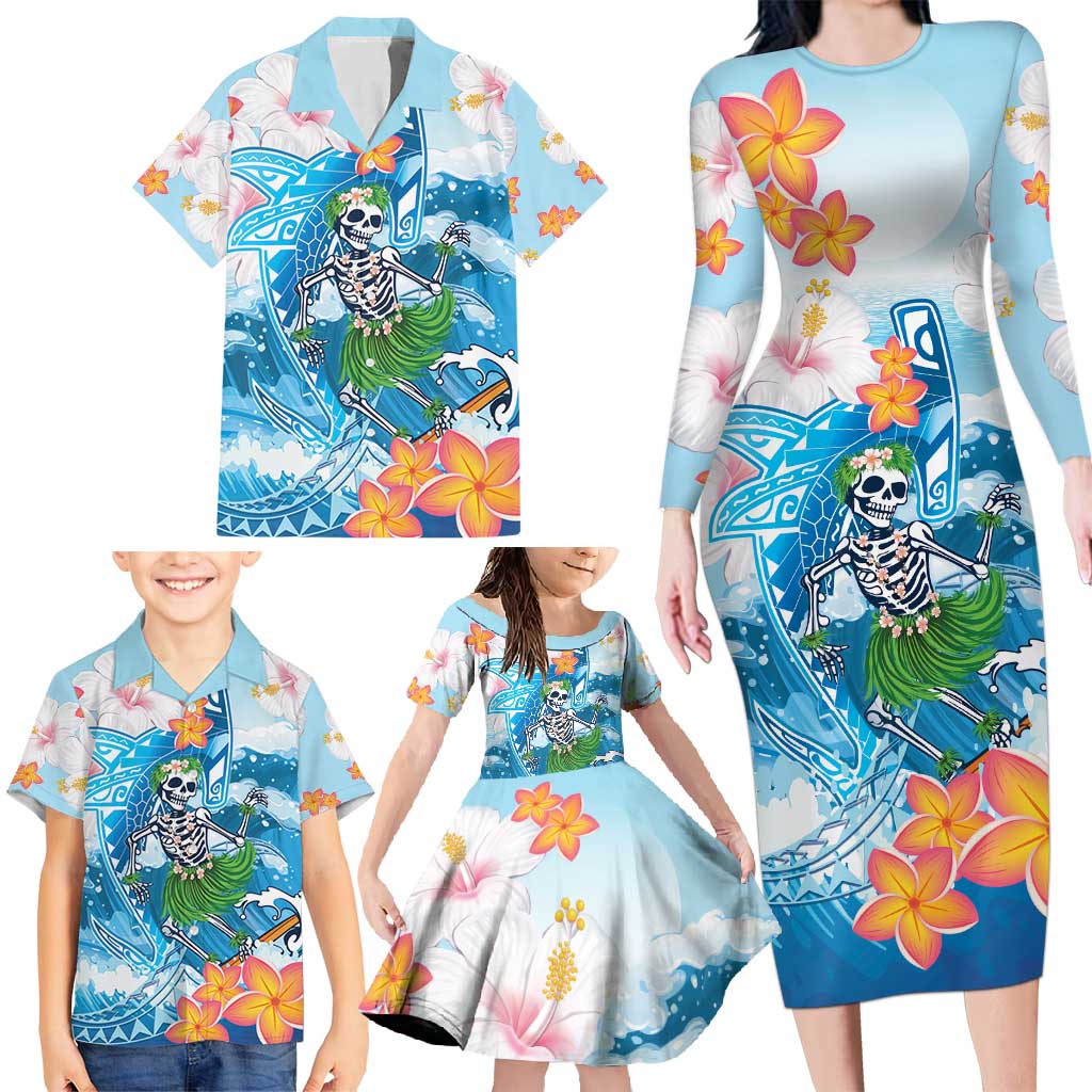 Personalized Hawaii Hula Girl Skeleton Dancing Family Matching Long Sleeve Bodycon Dress and Hawaiian Shirt Hibiscus Tribal Shark