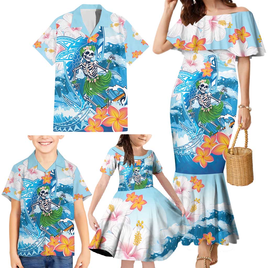 Personalized Hawaii Hula Girl Skeleton Dancing Family Matching Mermaid Dress and Hawaiian Shirt Hibiscus Tribal Shark