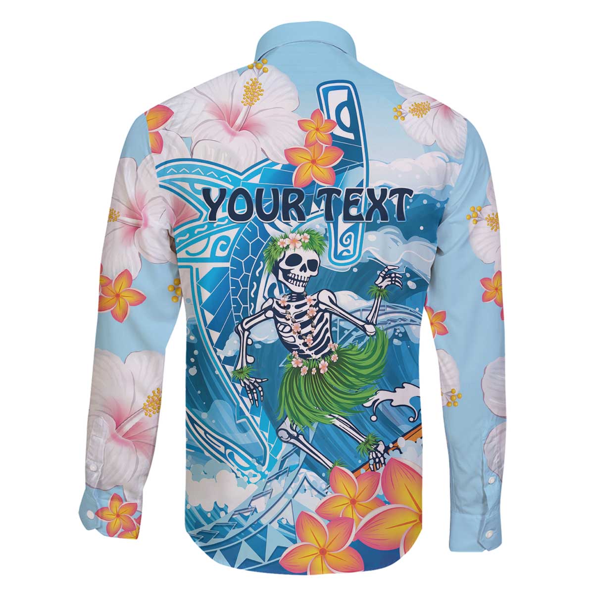 Personalized Hawaii Hula Girl Skeleton Dancing Family Matching Off The Shoulder Long Sleeve Dress and Hawaiian Shirt Hibiscus Tribal Shark