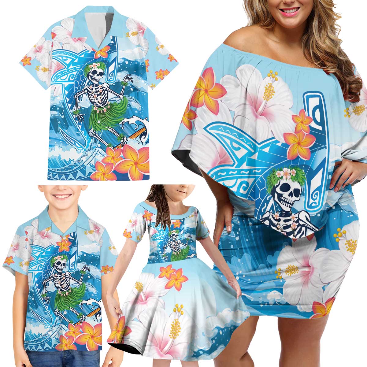 Personalized Hawaii Hula Girl Skeleton Dancing Family Matching Off Shoulder Short Dress and Hawaiian Shirt Hibiscus Tribal Shark