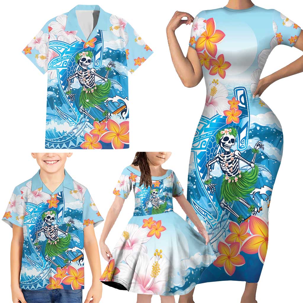 Personalized Hawaii Hula Girl Skeleton Dancing Family Matching Short Sleeve Bodycon Dress and Hawaiian Shirt Hibiscus Tribal Shark