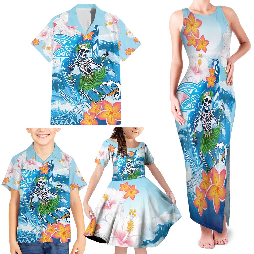 Personalized Hawaii Hula Girl Skeleton Dancing Family Matching Tank Maxi Dress and Hawaiian Shirt Hibiscus Tribal Shark