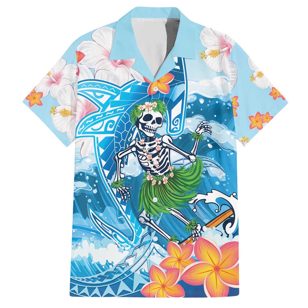 Personalized Hawaii Hula Girl Skeleton Dancing Hawaiian Shirt Hibiscus Tribal Shark