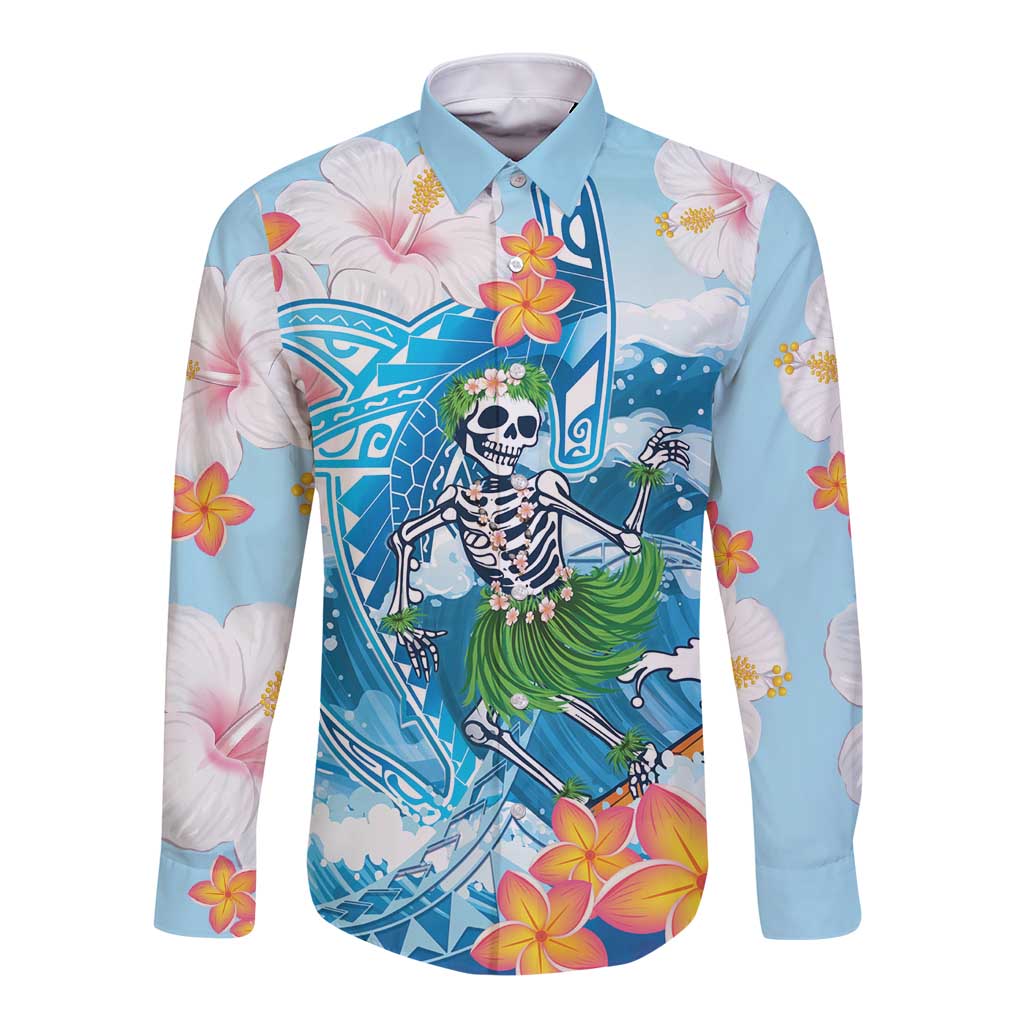 Personalized Hawaii Hula Girl Skeleton Dancing Long Sleeve Button Shirt Hibiscus Tribal Shark