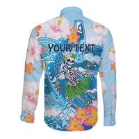 Personalized Hawaii Hula Girl Skeleton Dancing Long Sleeve Button Shirt Hibiscus Tribal Shark