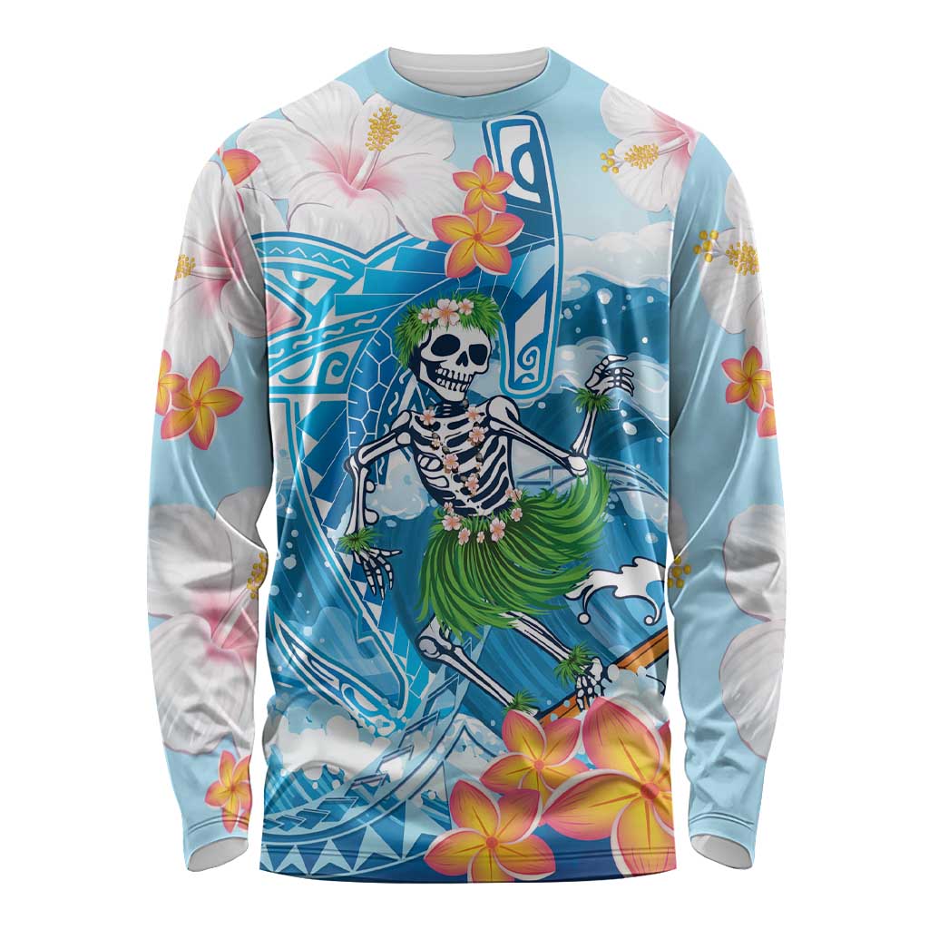 Personalized Hawaii Hula Girl Skeleton Dancing Long Sleeve Shirt Hibiscus Tribal Shark