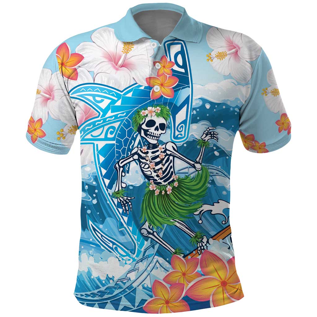 Personalized Hawaii Hula Girl Skeleton Dancing Polo Shirt Hibiscus Tribal Shark