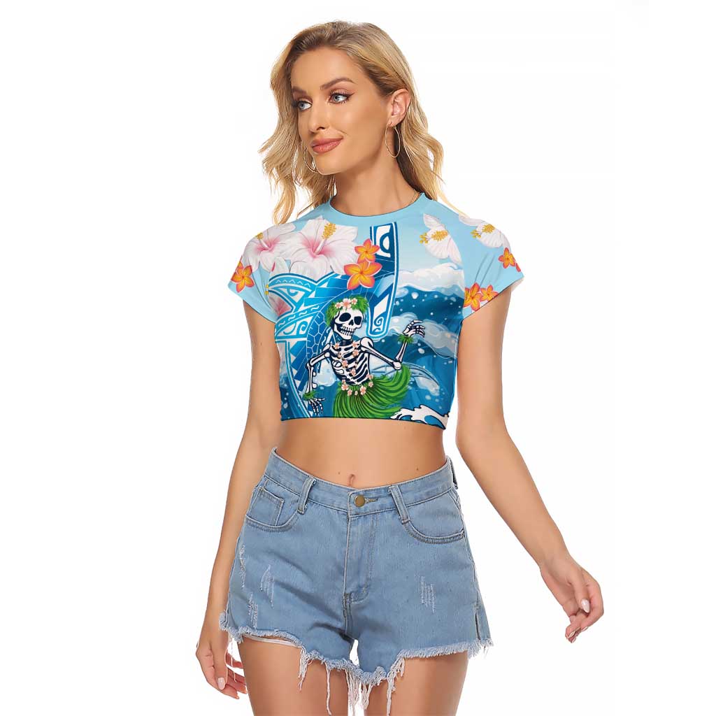 Personalized Hawaii Hula Girl Skeleton Dancing Raglan Cropped T Shirt Hibiscus Tribal Shark