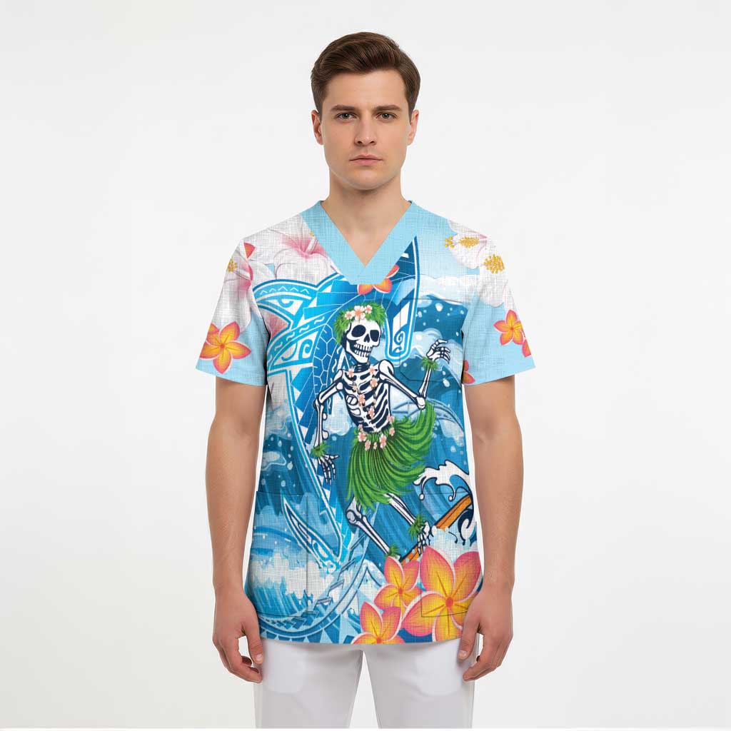 Personalized Hawaii Hula Girl Skeleton Dancing Scrub Top Hibiscus Tribal Shark - Polynesian Pride